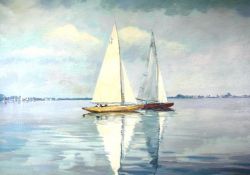 M J FRIEDRICH; Oil on canvas - sail  boats on calm lake with bank to background, indistinctly