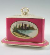 A 19th Century hand painted cheese dish of triangular form with gilt bordered pink ground and oval