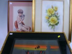 GROUP OF NINE PICTURES, VARIOUS DATES; Watercolours and prints - still-lifes, interior scenes,