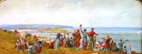 JOHN ABSOLON; Watercolour - coastal scene with locals and soldiers from the 1st Life Guards waving