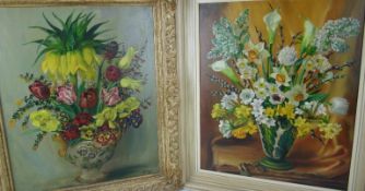 MASTONE, TWENTIETH CENTURY; Two oil on canvas - still-lifes of daffodils, lilies and tulips in