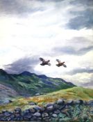PHILLIP RICKMAN (1891 - 1982); Watercolour - ducks in flight over country landscape with dark clouds