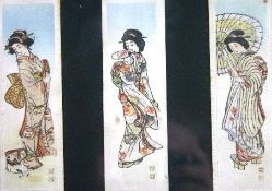 JAPANESE, LATE NINETEENTH / EARLY TWENTIETH CENTURY; Three (believed to be) printed silk panels -