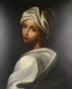 AFTER VERMEER, NINETEENTH CENTURY; Oil on canvas - portrait of a child cloaked in white, unsigned.