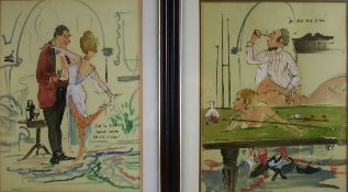 MARK HUSKINSON (b. 1935); Pair watercolours - wine related cartoon studies, both signed and dated `