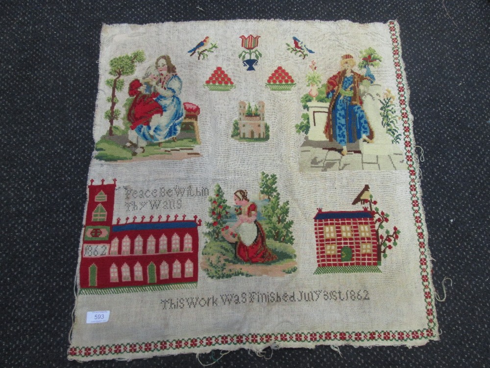 A Victorian woolwork sampler having pictorial and script decoration, 1862