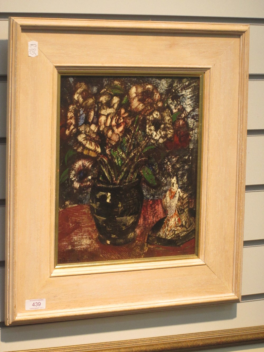 An oil painting on board, John Van Deventer, Flower study, signed and attributed en verso