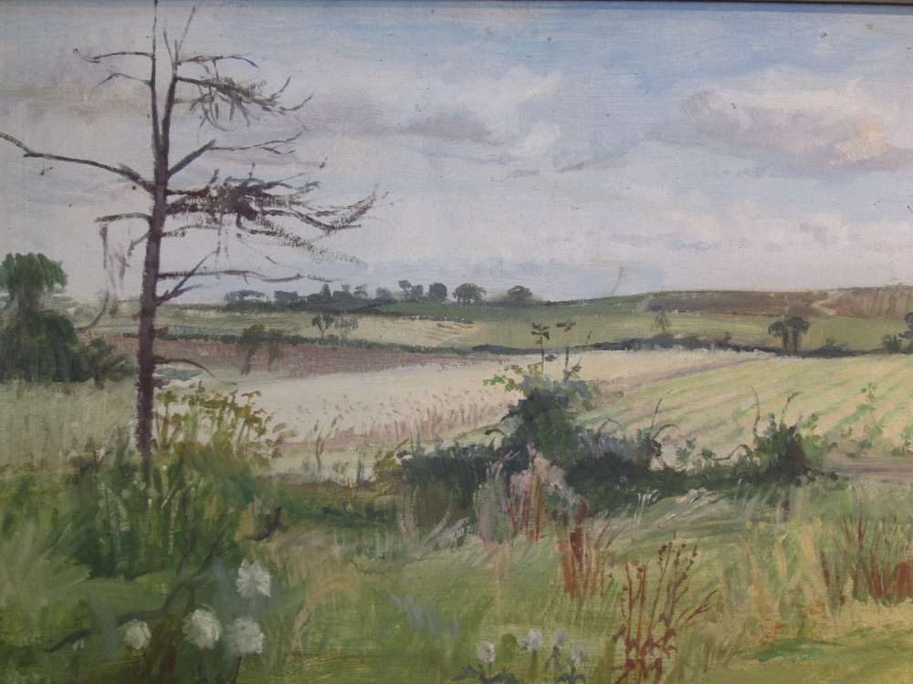 An oil painting on board, Armstrong Lee, Spring Meadow, attributed en verso