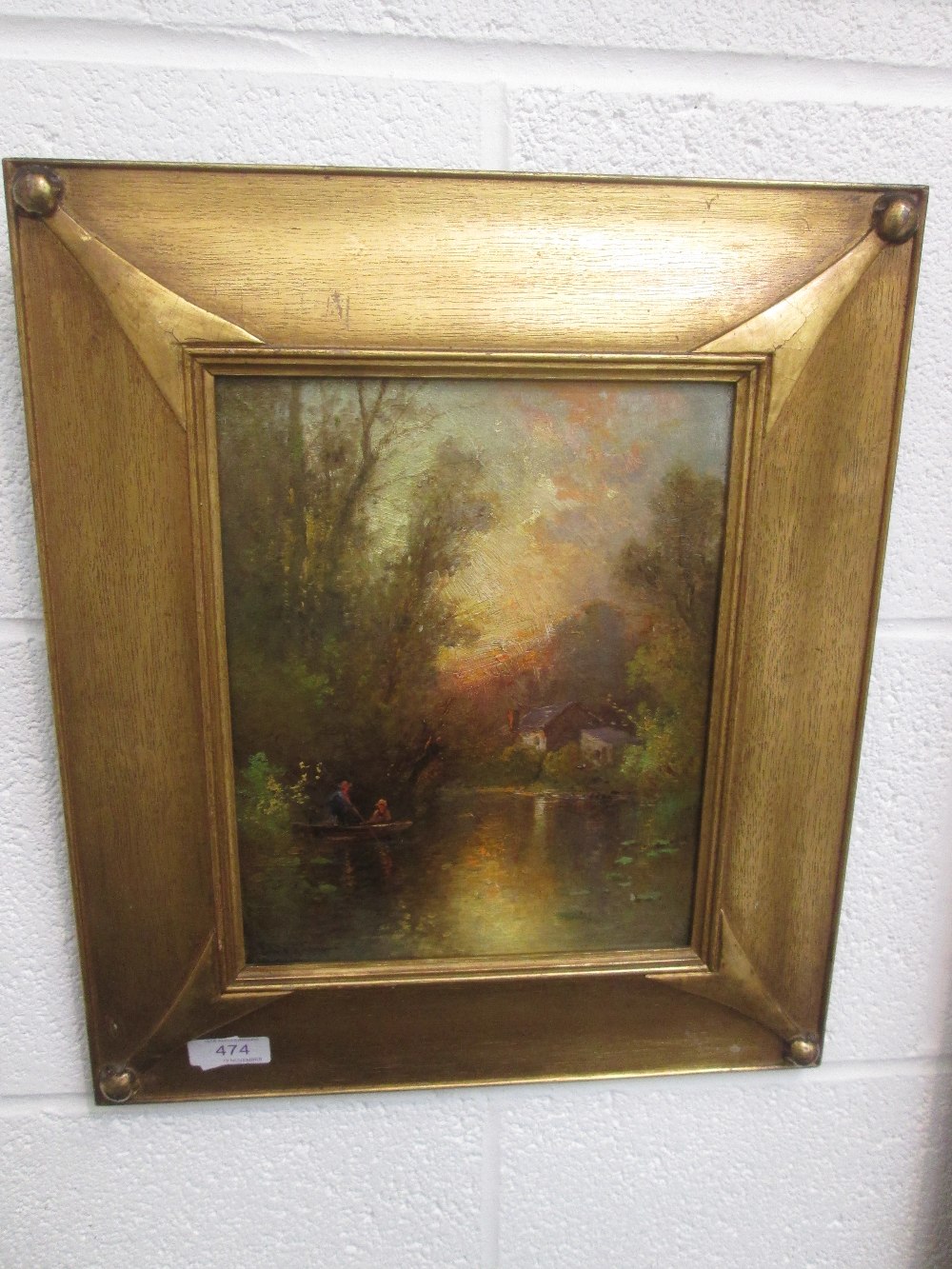 An oil painting, Emile A Krause, The Mill Stream, An Evening Punt, signed and attributed en verso