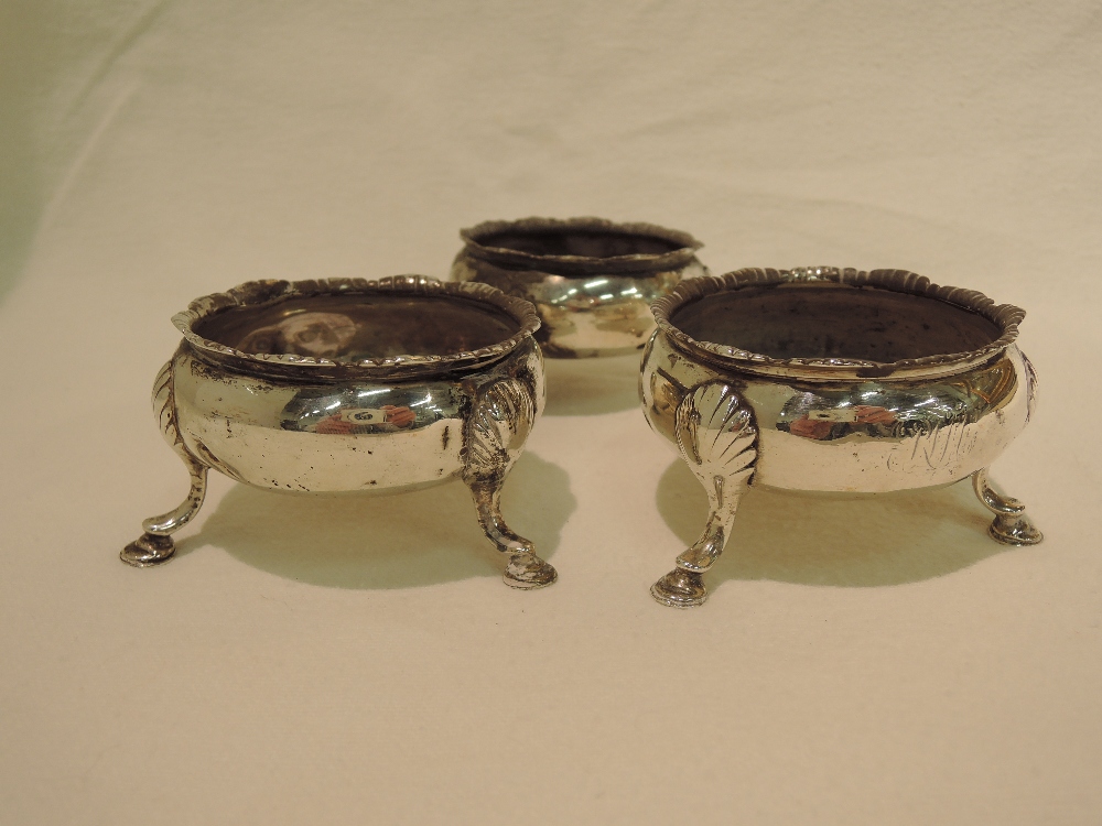 A set of three silver salts, on trefoil feet, London possibly 1769 James Waters, approx 169g