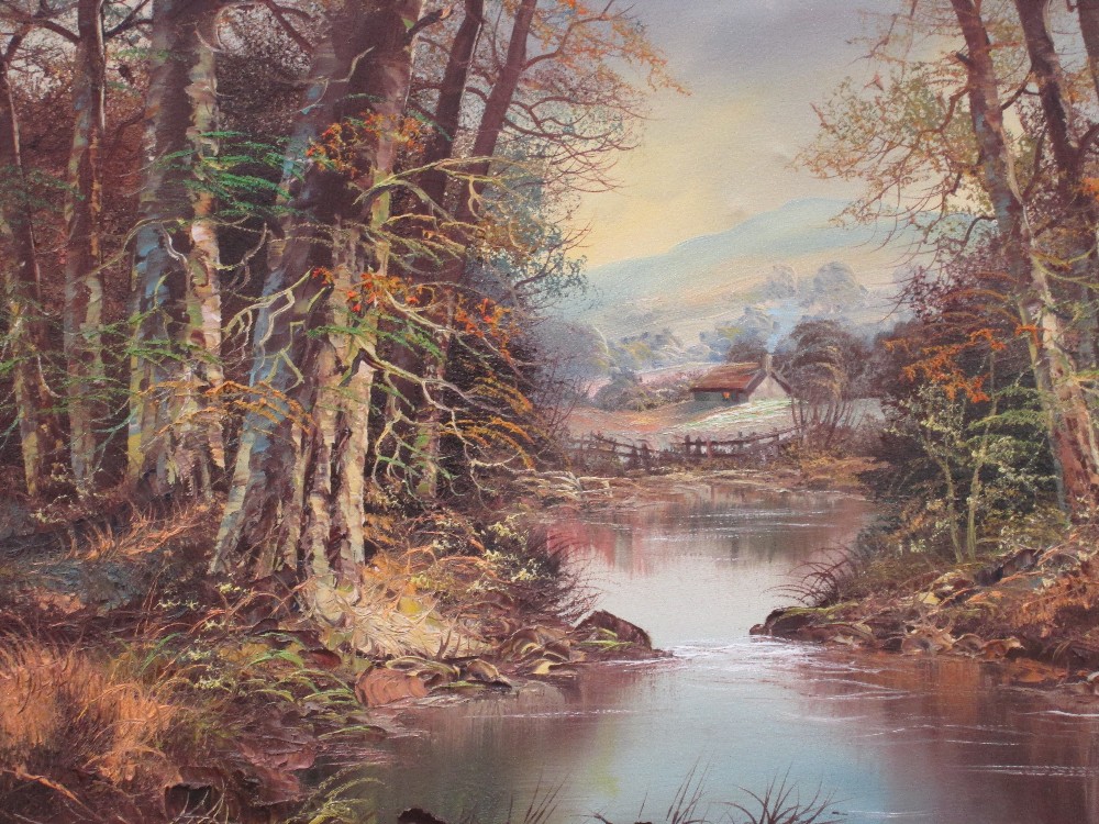 An oil painting, John Corcoran, woodland river, signed