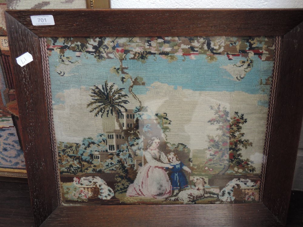 A Victorian woolwork tapestry, depicting family scene