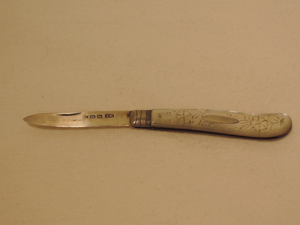 A silver fruit knife, having mother of pearl handle, Birmingham 1885, Thomas Marples