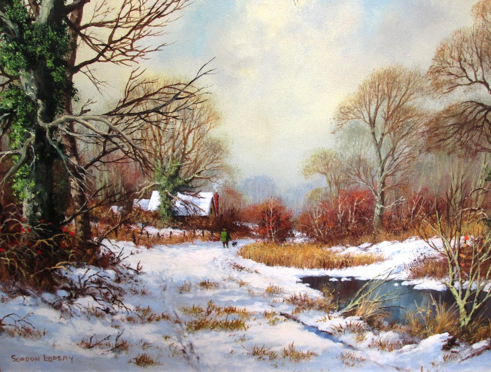 An oil painting, Gordon Lindsay, woodland cottage in snow, signed