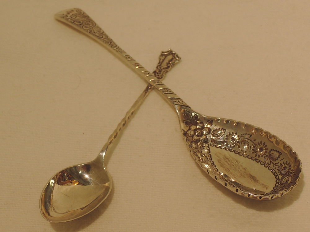 Two late 19th/early 20th HM silver decorative spoons, approx 35g