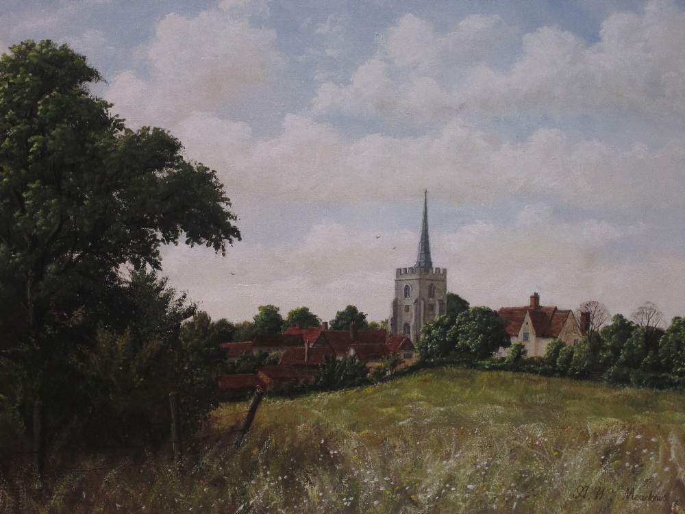 An oil painting A W Meadows, view from the ford, Braughing Herts