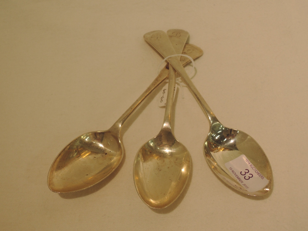 Three silver desert spoons, monogrammed `B`, Sheffield 1943, James Deakin & Son, approx 159g