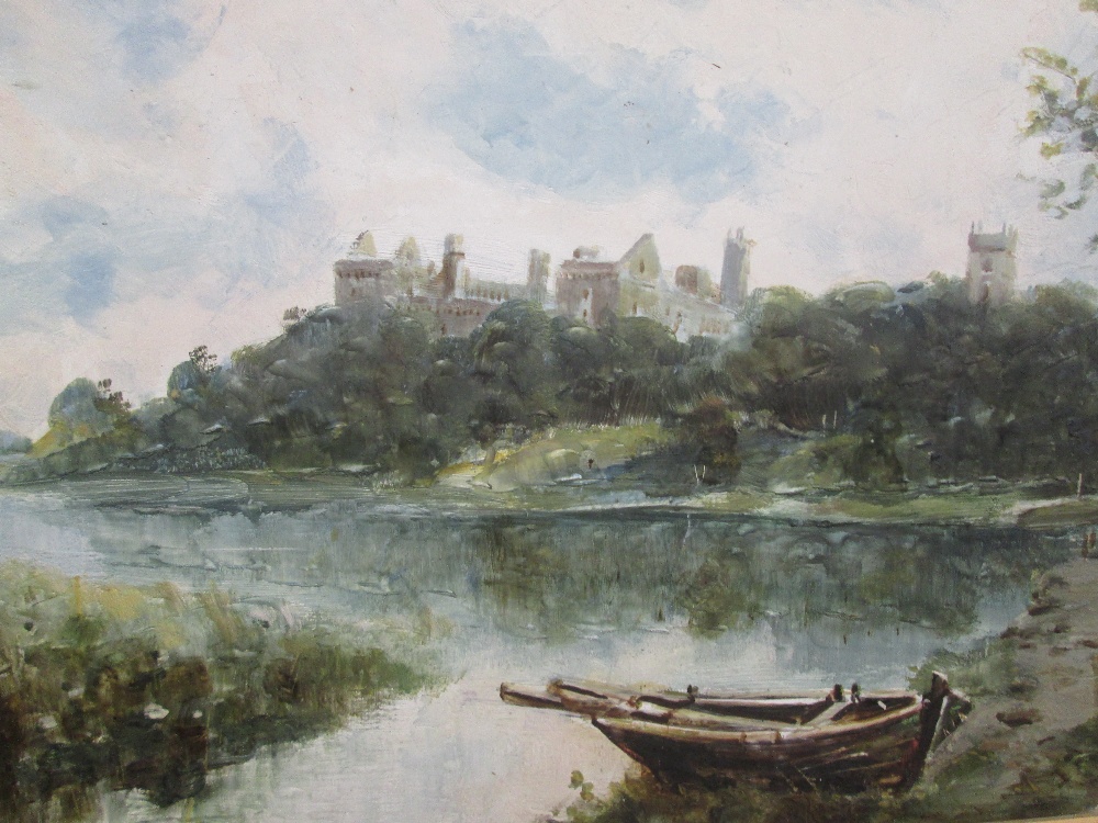 An oil painting on board, J M Dodds, Linlithow Palace from the Loch, signed