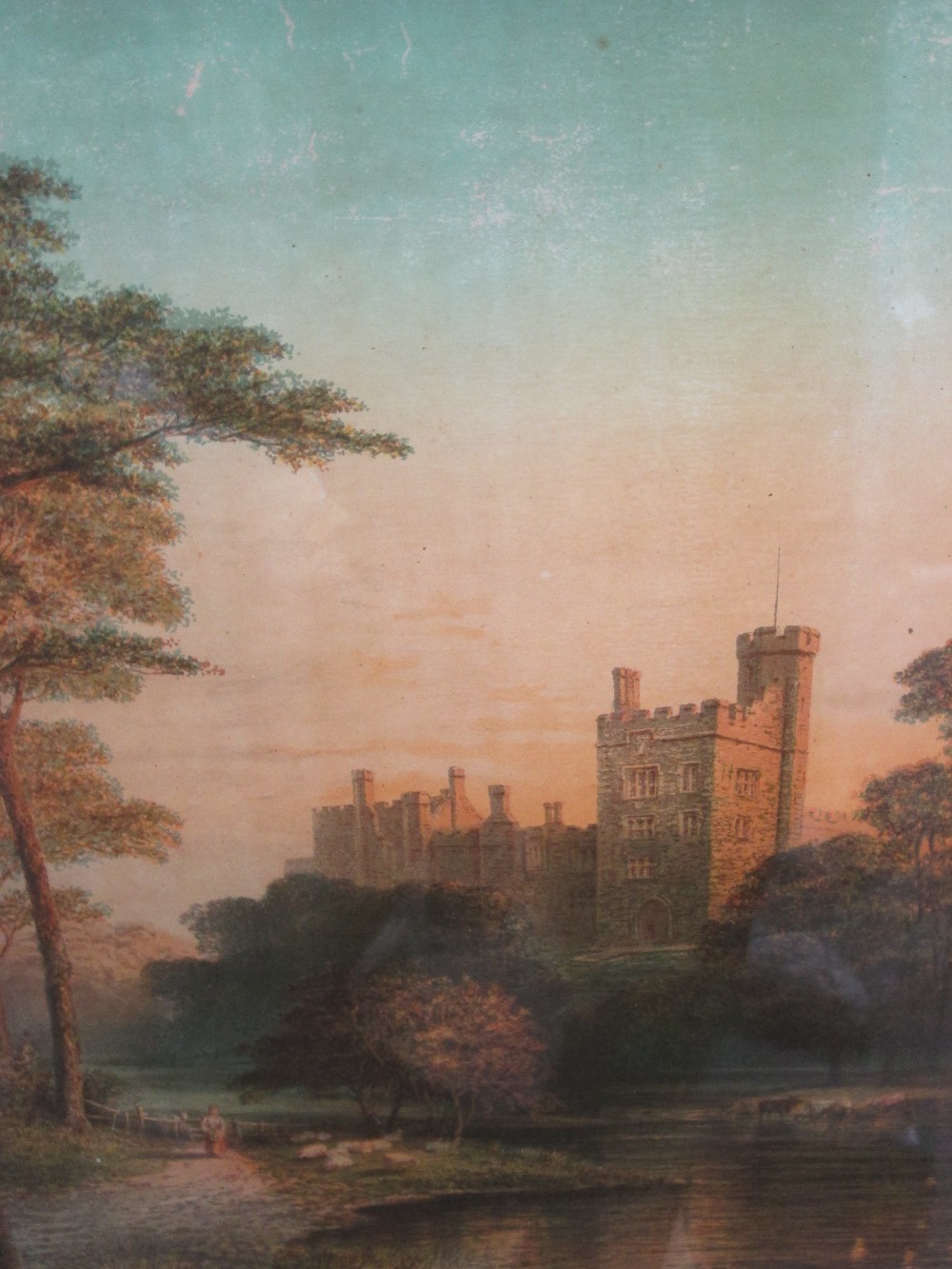 A watercolour, 19th century riverside castle