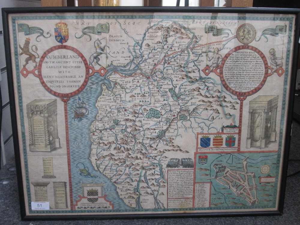 A map of Cumberland, John Speed, 17th century and later coloured