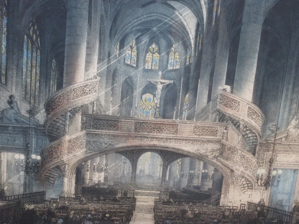 A coloured etching, Gretelle, cathedral interior, numbered
