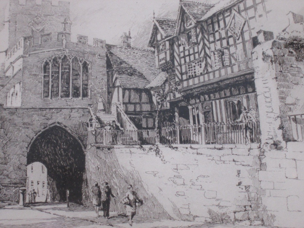 An etching, Oswald Fletcher, Lincoln Cathedral and a print, Sidney Barret, Warwick