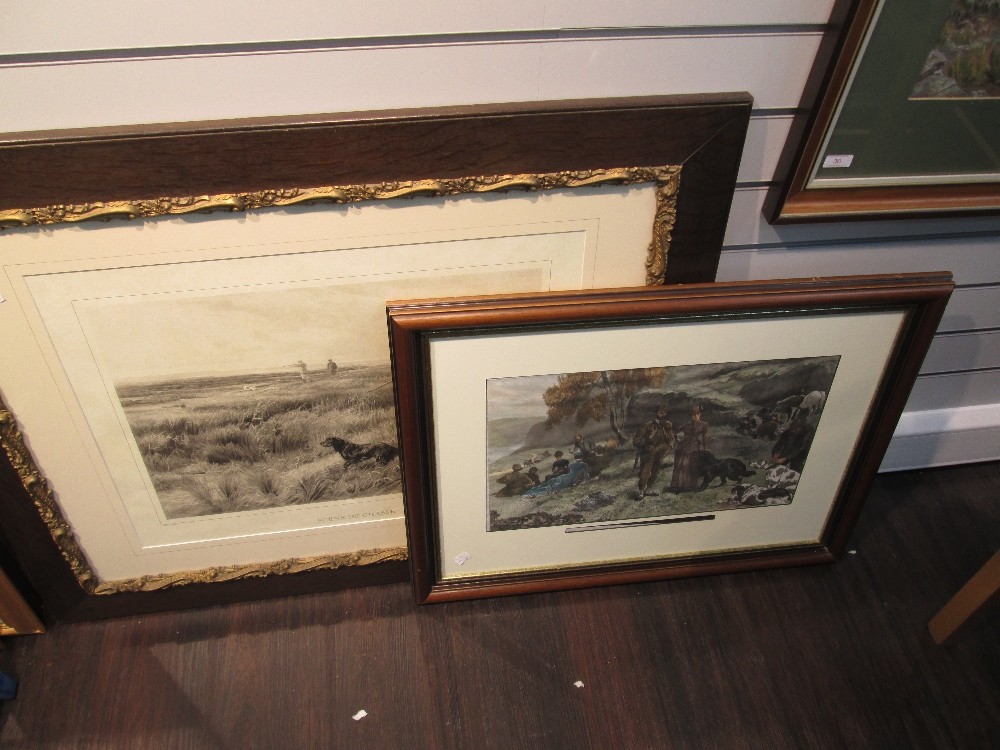 Two prints, dog interest including Edwardian hunting picnic