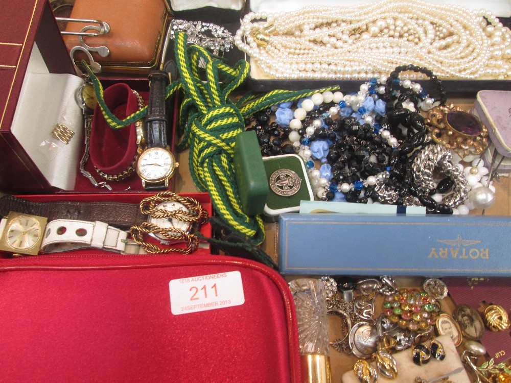 A large selection of costume jewellery including watches, earrings, hat pins, pinchbeck brooch, HM