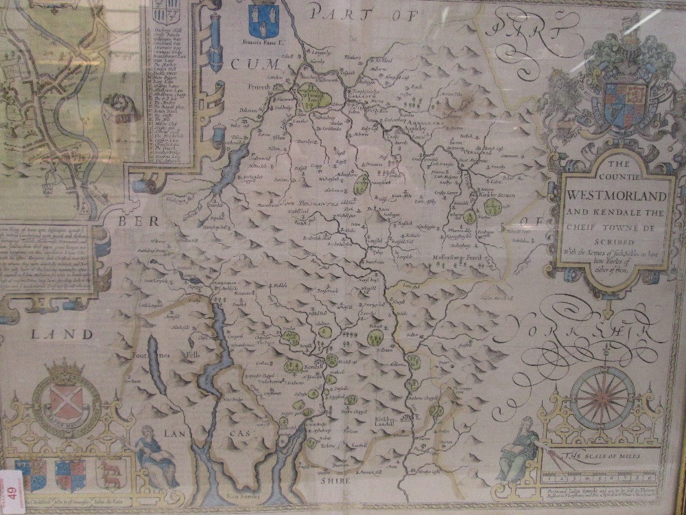 A map, John Speed, Westmorland, 17th century, later coloured and published by Bassett and Chiswell