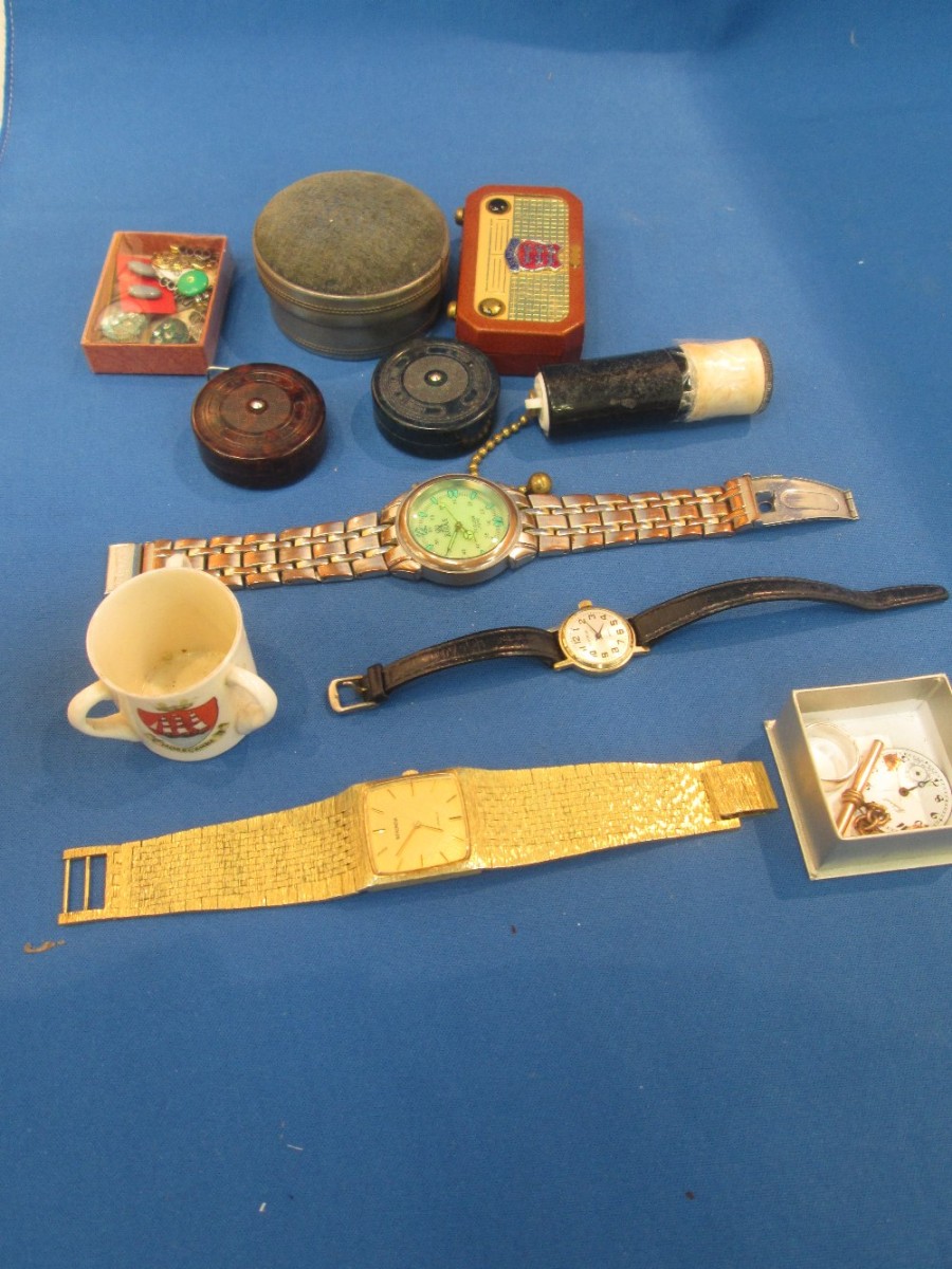 A small selection of misc including a `Rojas El Glow` wrist watch, earrings, manicure set in