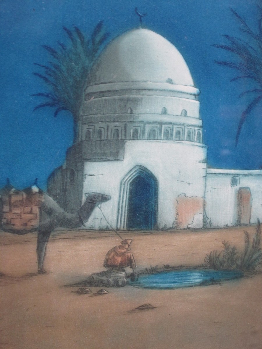 A coloured etching, "Vision Egyptenne", indistinctly signed and dated 1922