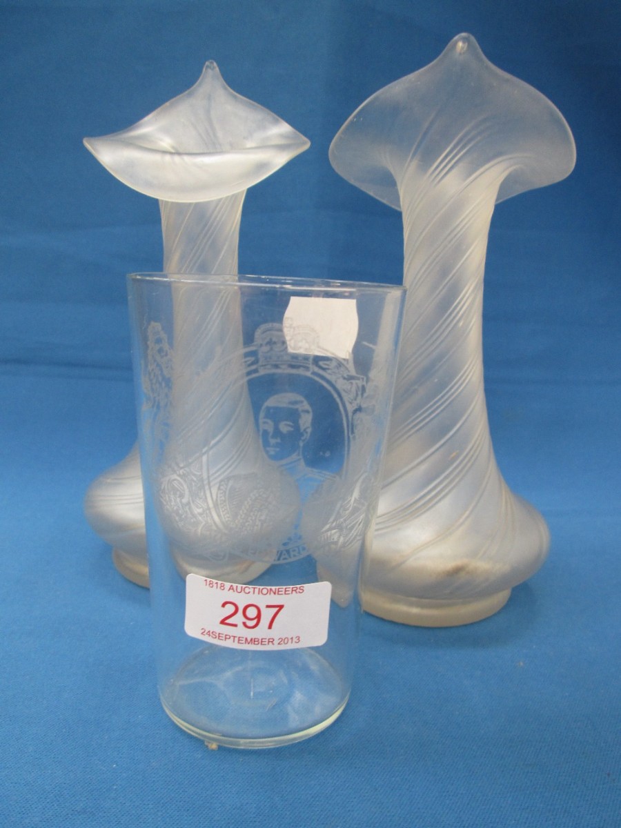 A pair of glass posy vases of opaque Art Nouveau design and a glass  Commemorative beaker for Edward