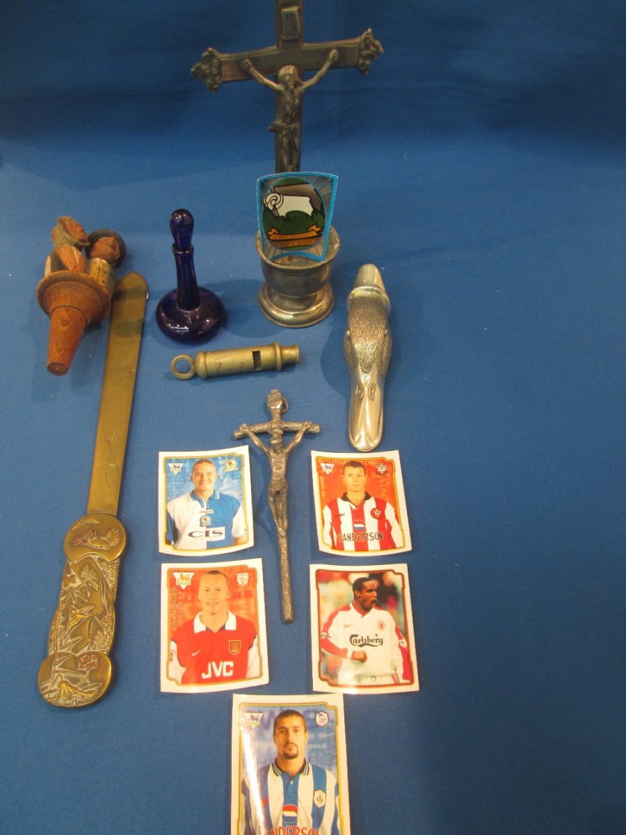 A selection of misc including wooden novelty kissing couple bottle stopper, police whistle issued by