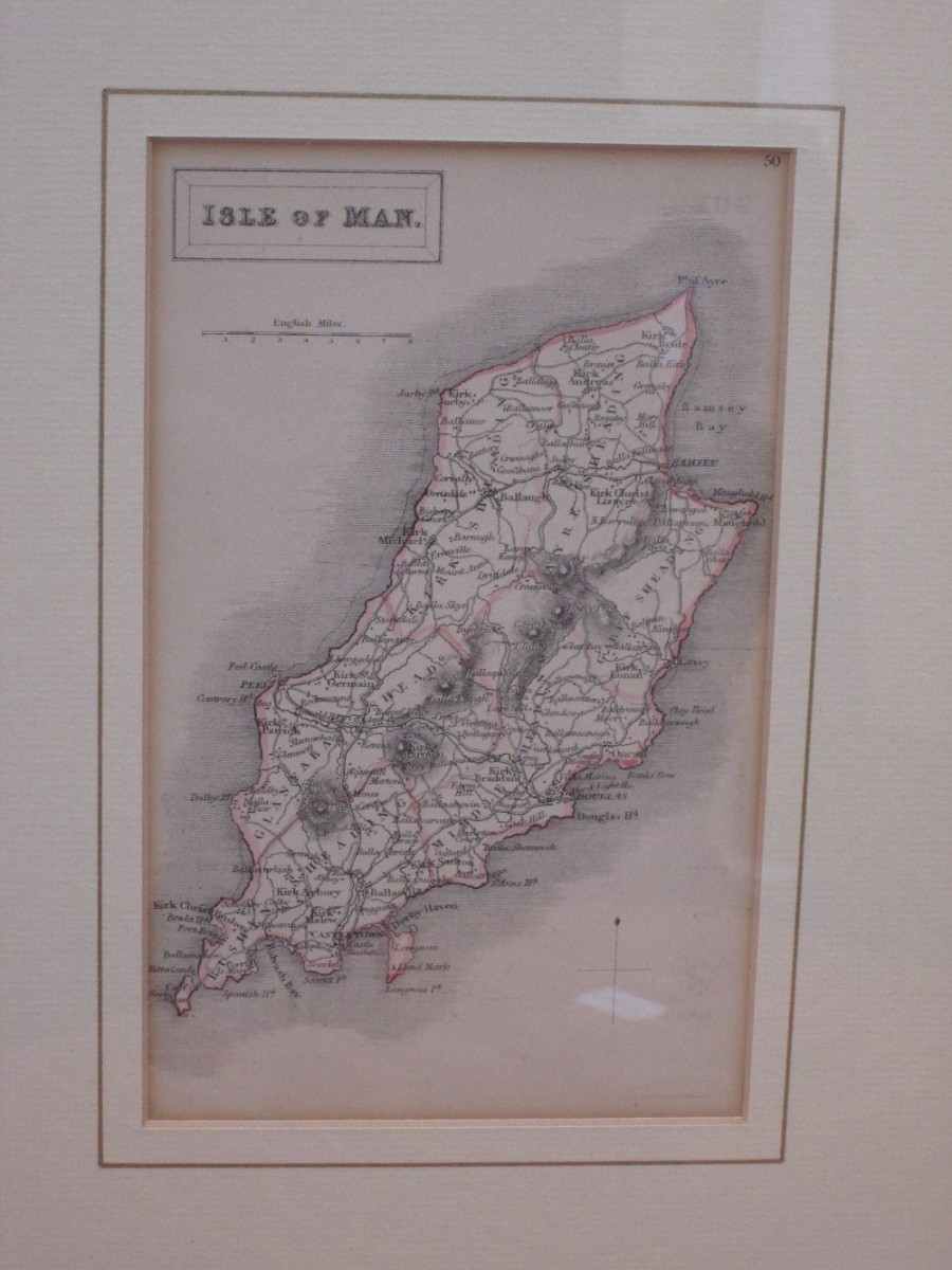 Two engraved maps, 19th century, Isle of Man and Aberdeenshire, and an engraving, Richmond