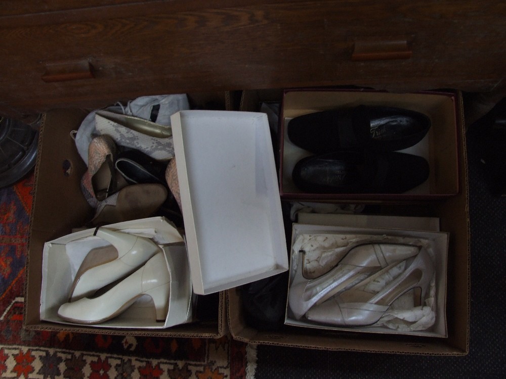 Two boxes of vintage ladies designer shoes, including Gina Palazzo etc