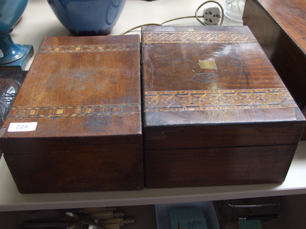A Victorian walnut box having Tunbridgeware line inlay decoration and a similar Victorian mahogany