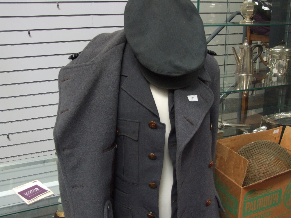 A second world war RAF uniform, complete including cap. Trench coat, jump suit, fuming jacket, boots