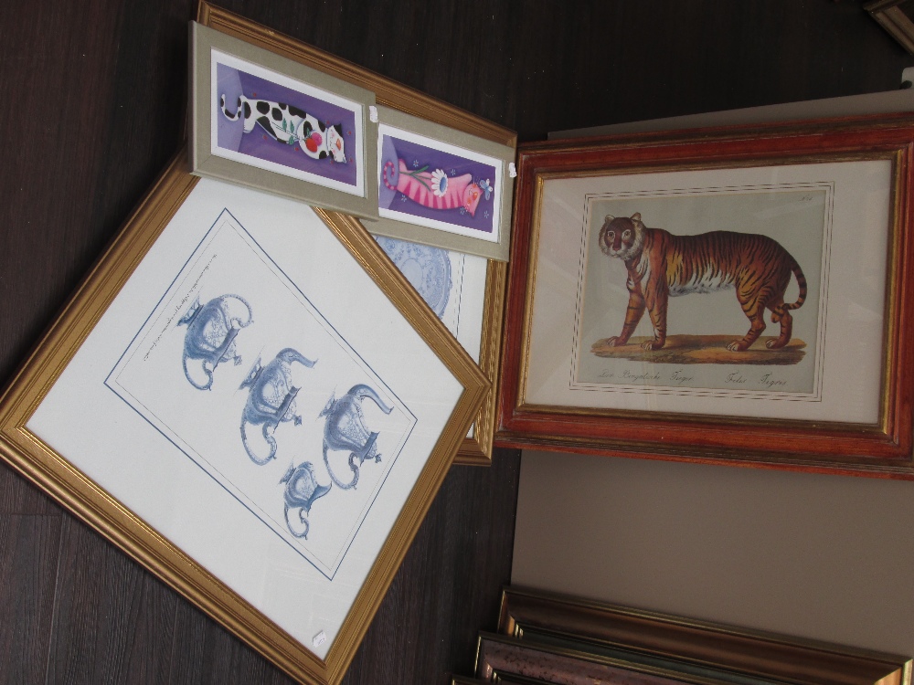 Two prints, ceramic studies 2 prints, humorous cats and a print tiger