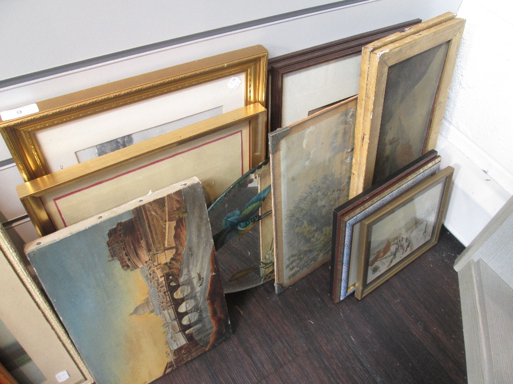 A selection of prints, watercolours and an oval painted mirror