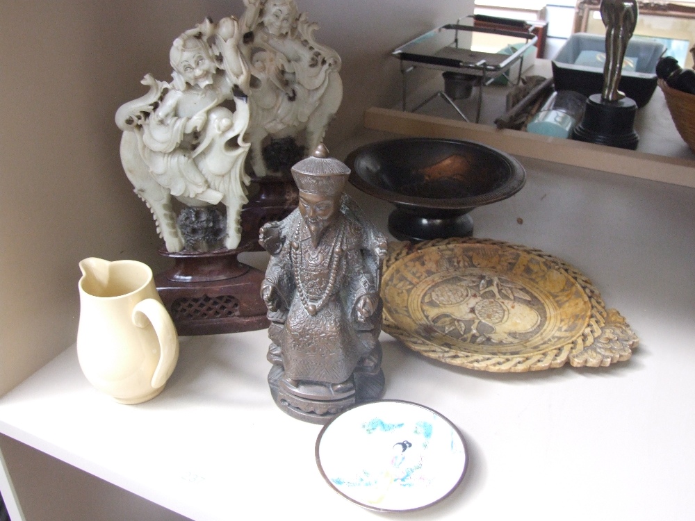 A selection of Oriental ware including resin figure, soapstone etc