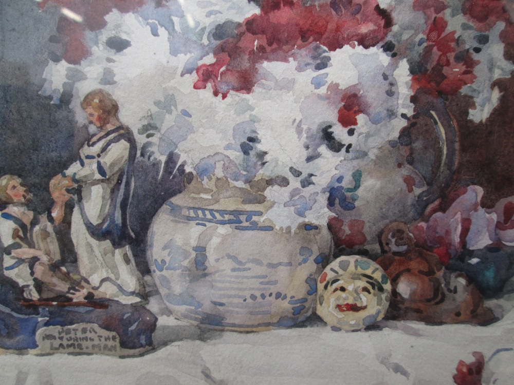 A watercolour, Fred Lawson, depicting staged scene of flowers and figures