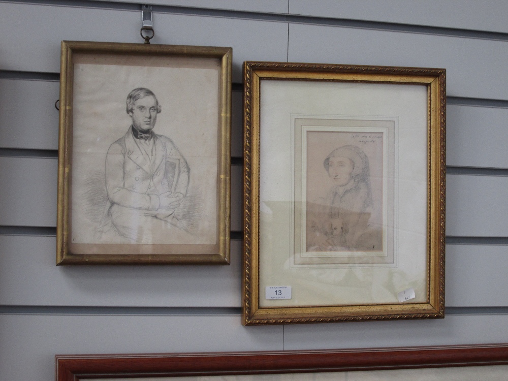 A print, Margurite study and a pencil sketch, 19th century portrait study, gentleman