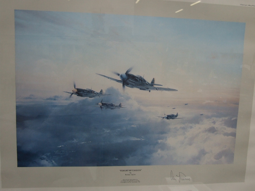 A framed print, after Robert Taylor, Flight of Eagles (4 Messerschmitt BF109 aircraft) signed by