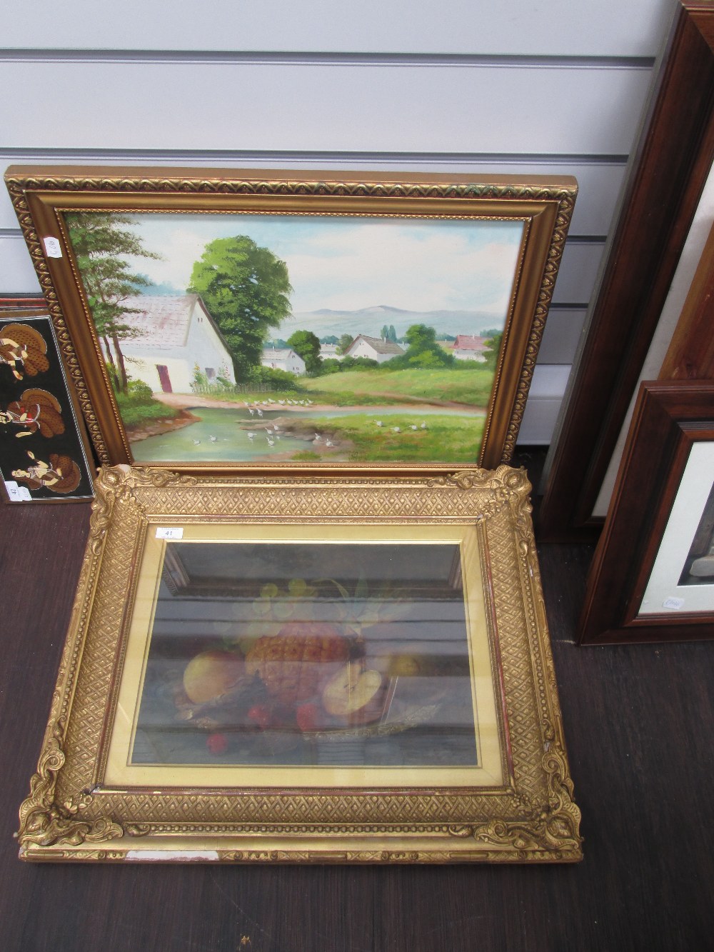 An oil painting, still life, 19th century and an oil painting, Farmyard duck pond
