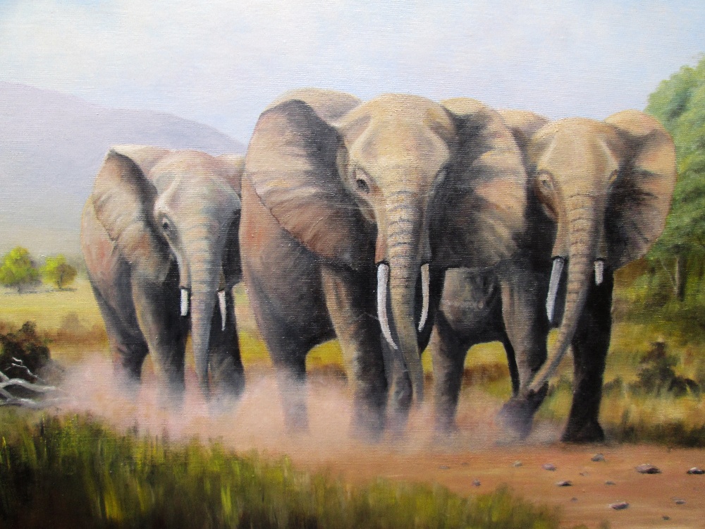 An oil painting on board, Trevor R Owens, Elephants, signed and dated