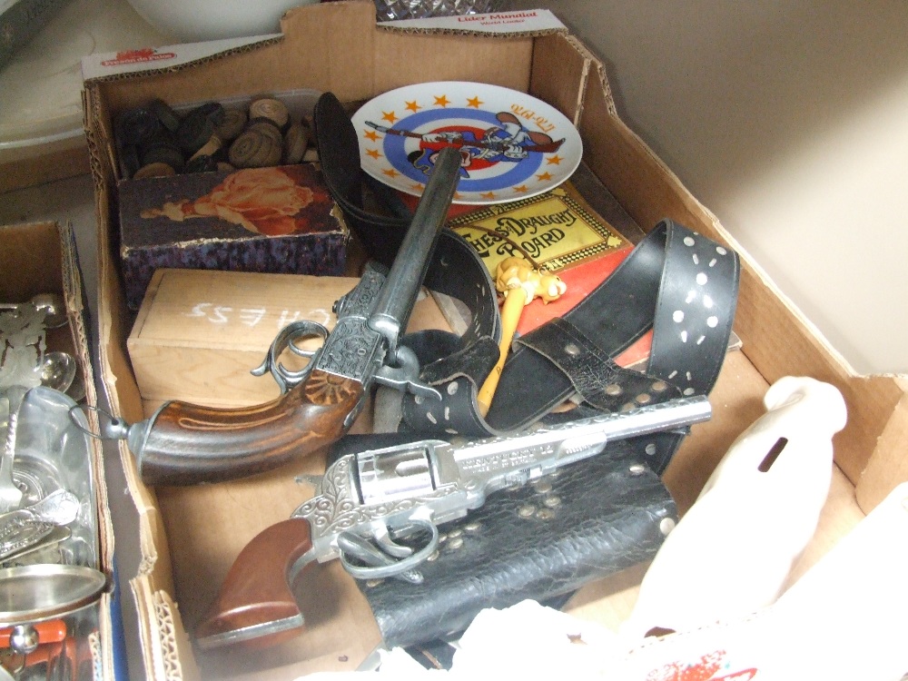 A box of miscellaneous including a draught board