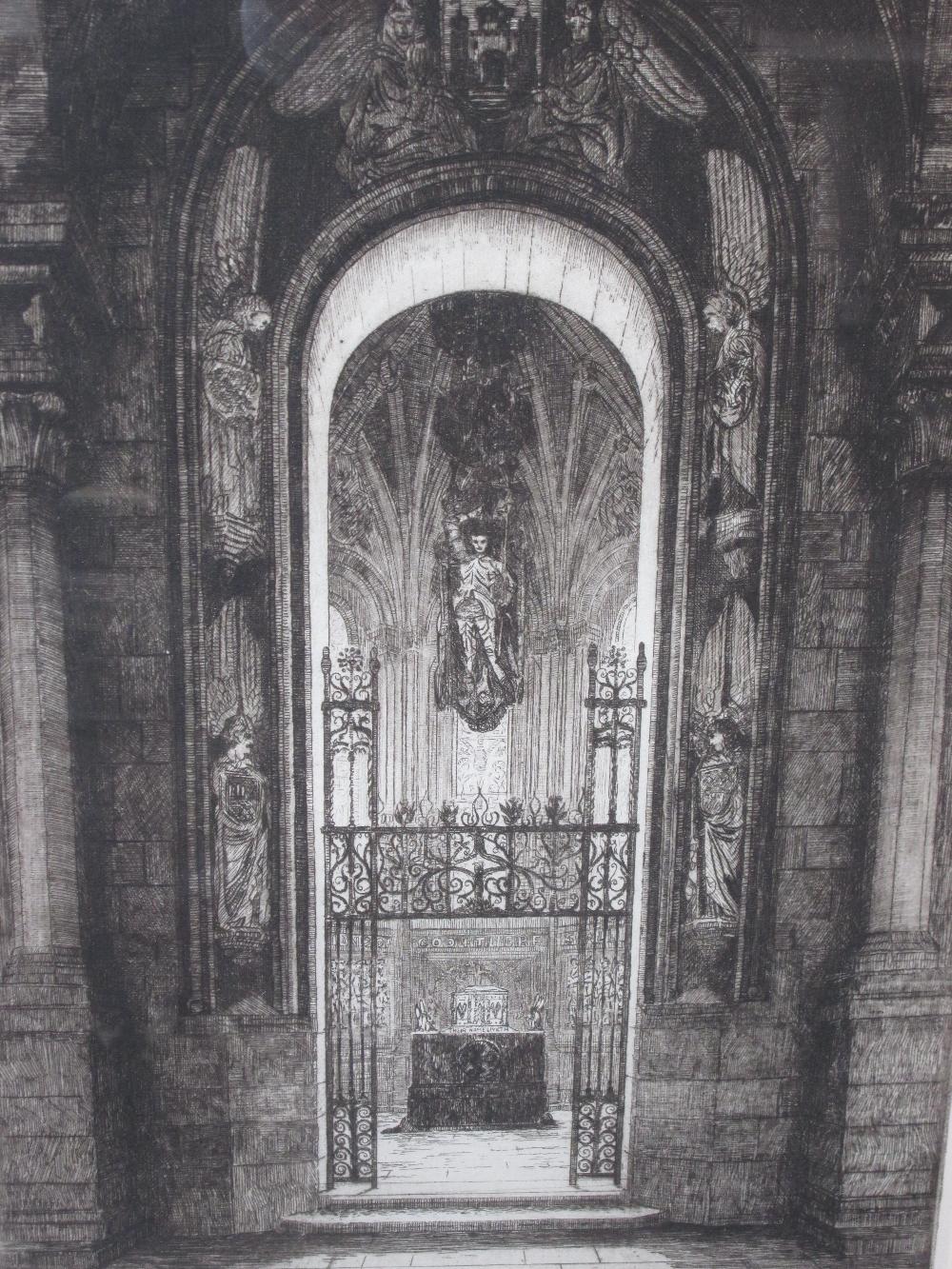 An etching, after James Scott, Cathedral Interior, signed, and a mezzotint study, after Hole,