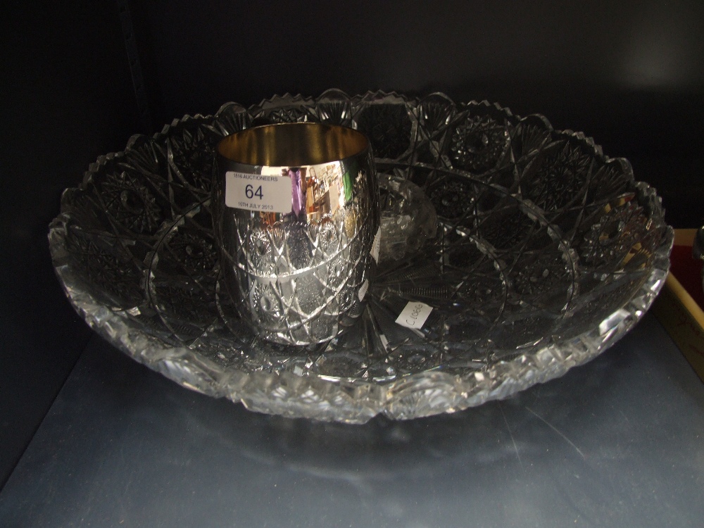 A cut glass fruit bowl, a Walker Hall silver plated tankard, a 19th century HM silver salt spoon