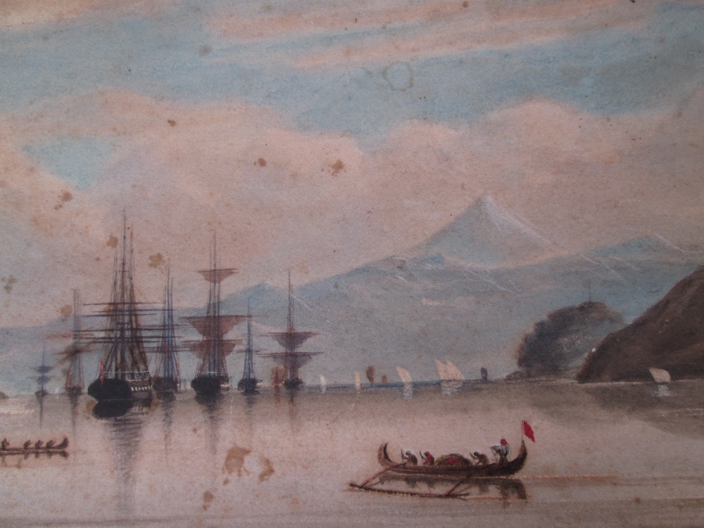 A watercolour, Veltman, Far Eastern coastal scene, possibly Dutch East Indies with galleons,