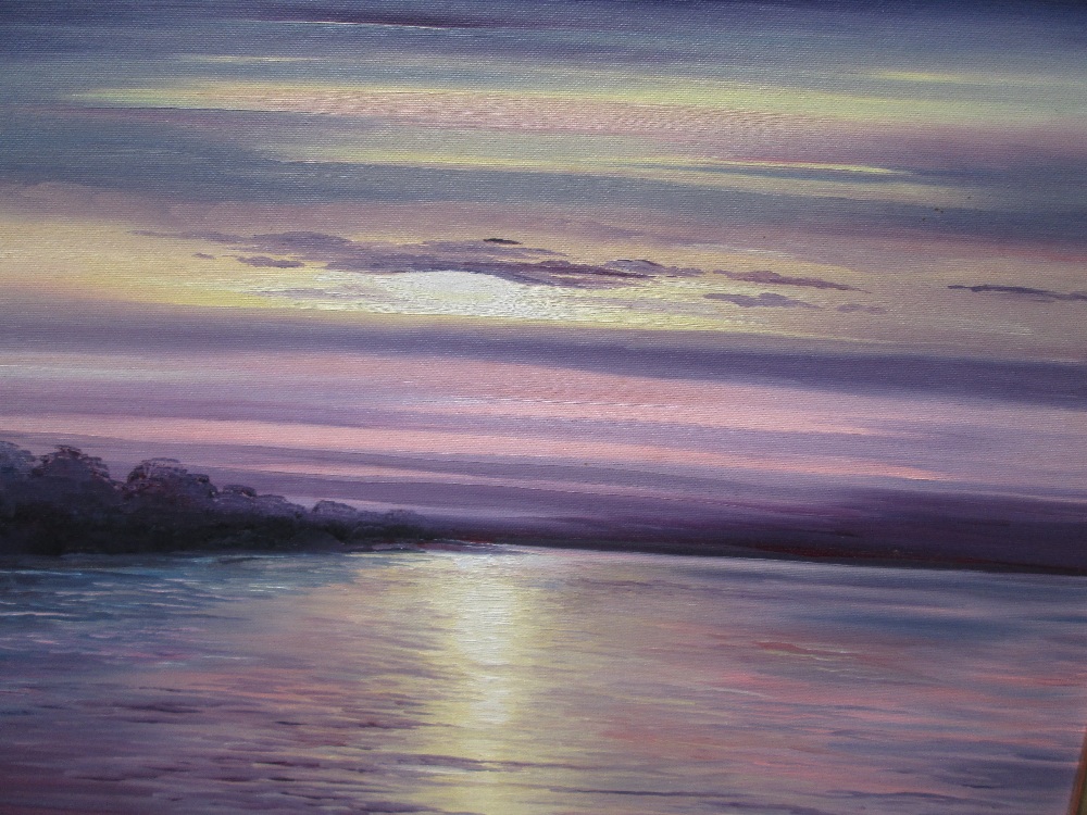 An oil painting, Lakeland sunset, indistinctly signed